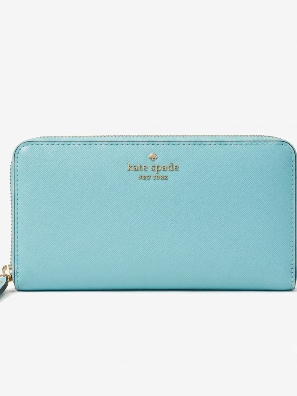 kate spade turquoise zip-around leather wallet with gold logo